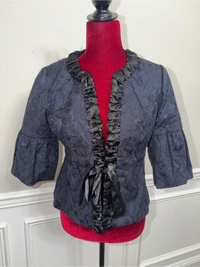 Vintage Ann Taylor LOFT Navy Blue Floral Jacquard Ruffle Jacket Size 4